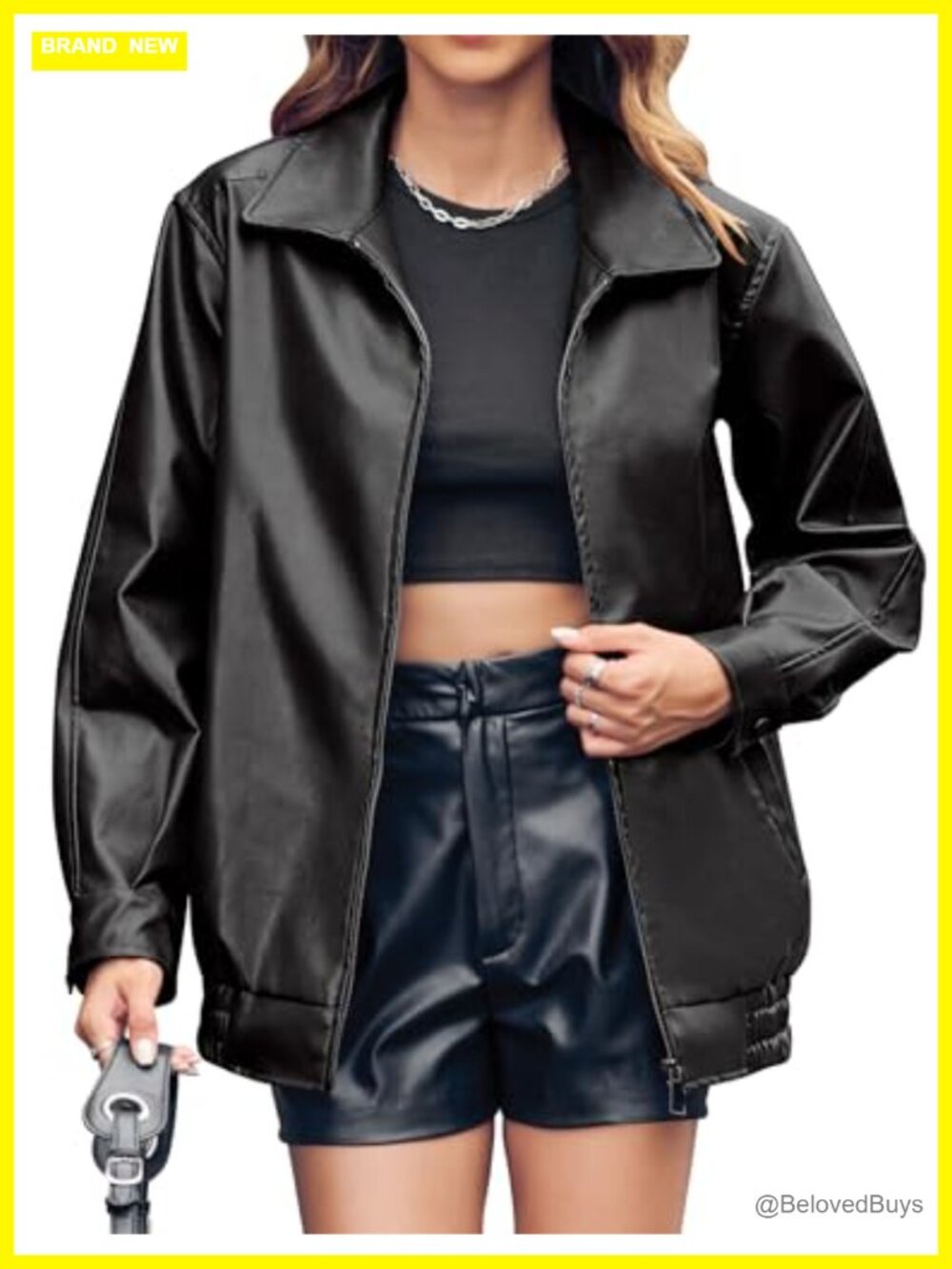 Women's Oversized Faux Leather Zip Up Bomber Jacket Lightweight